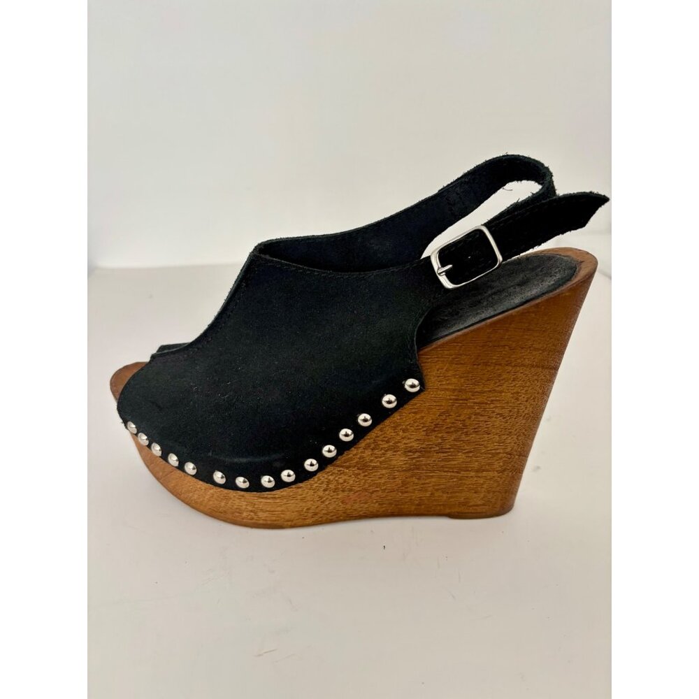 Charles David Wedges 7 Suede Studded Wood Platform Sandal Boho Chic Quiet Luxury - Picture 11 of 12
